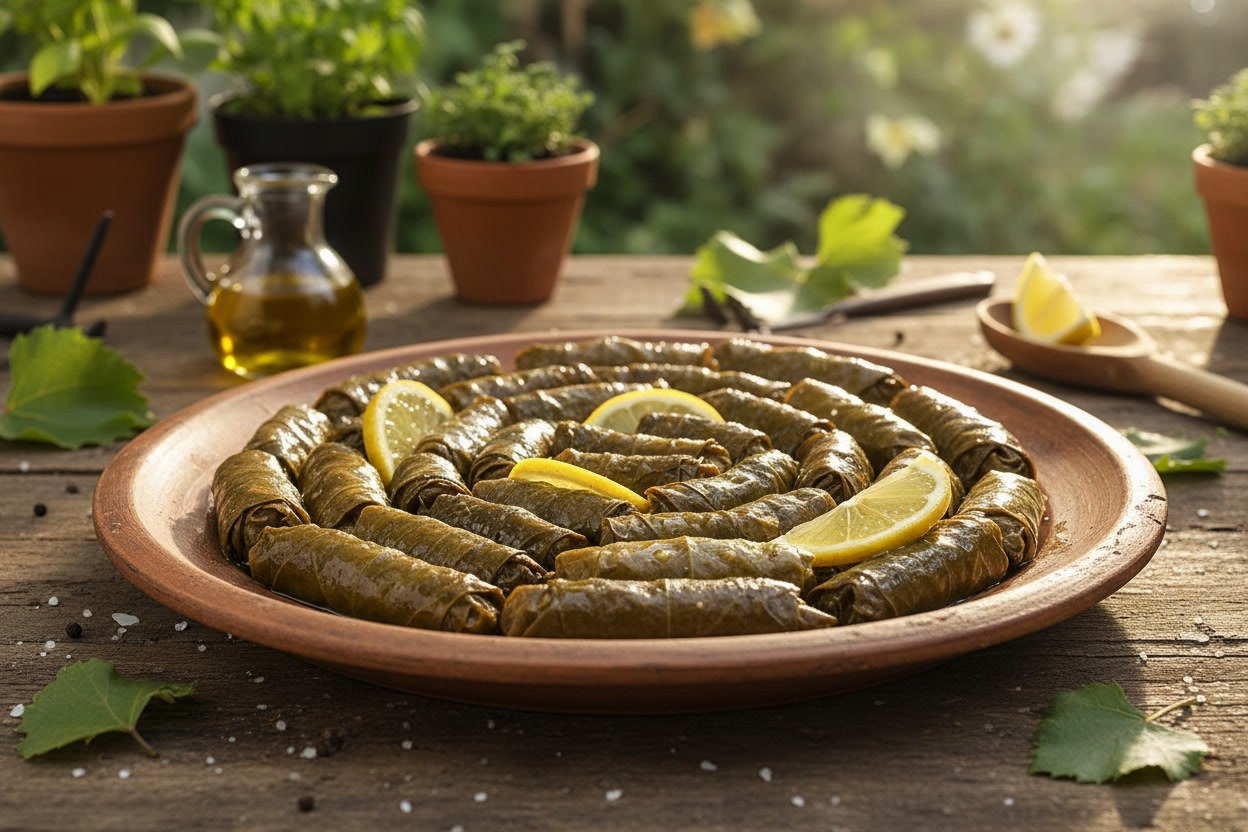 İnce dürülmüş asma yaprağı sarması, dilim limonlarla bir tabakta